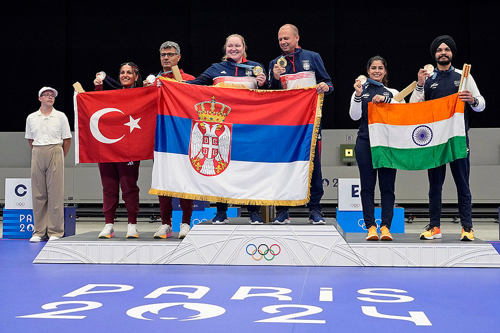 | Photo: AP/Manish Swarup : Paris Olympics Shooting10m air pistol mixed team: Serbia won the gold medal, while Turkey and India won the silver and the bronze respectively. 